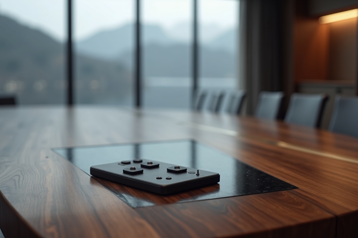 Panneau de contrôle tactile sur une table de conférence en noyer