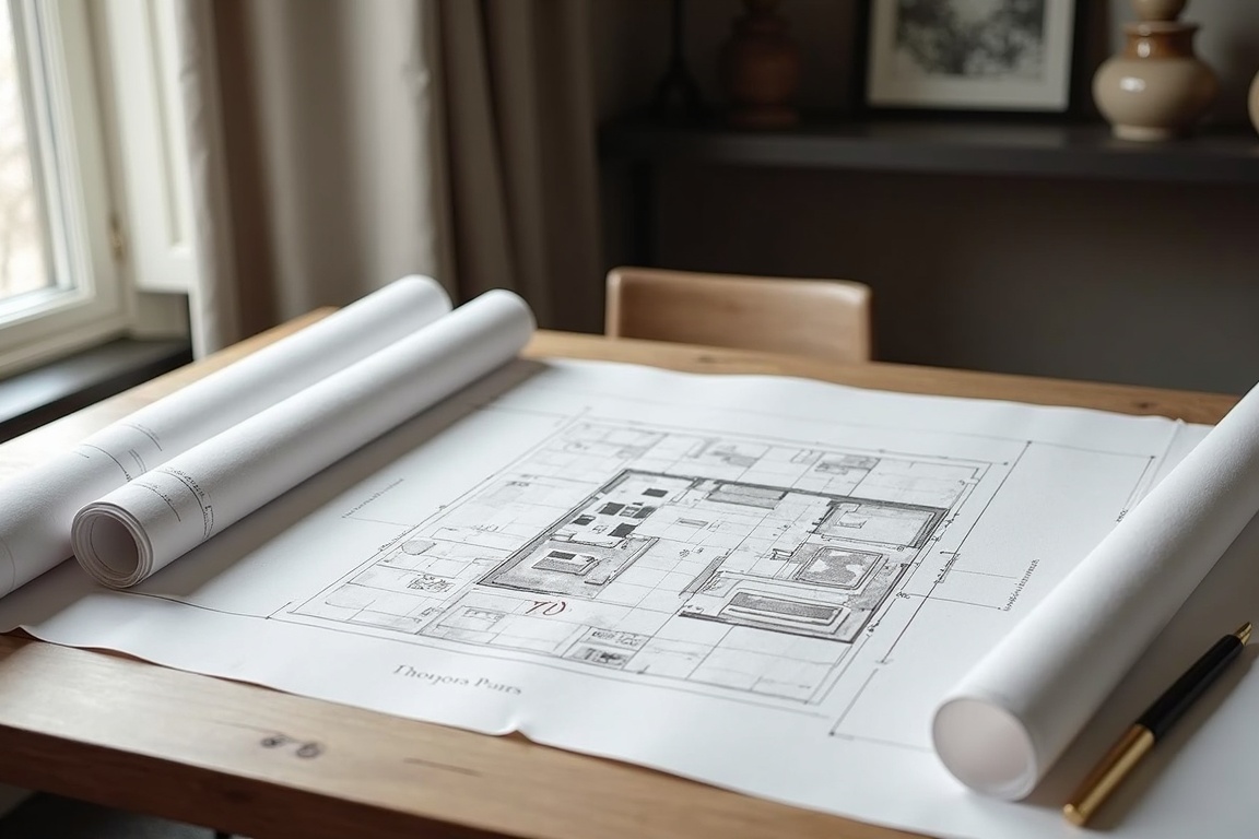 Plan technique d'une salle de conférence sur une table d'architecte