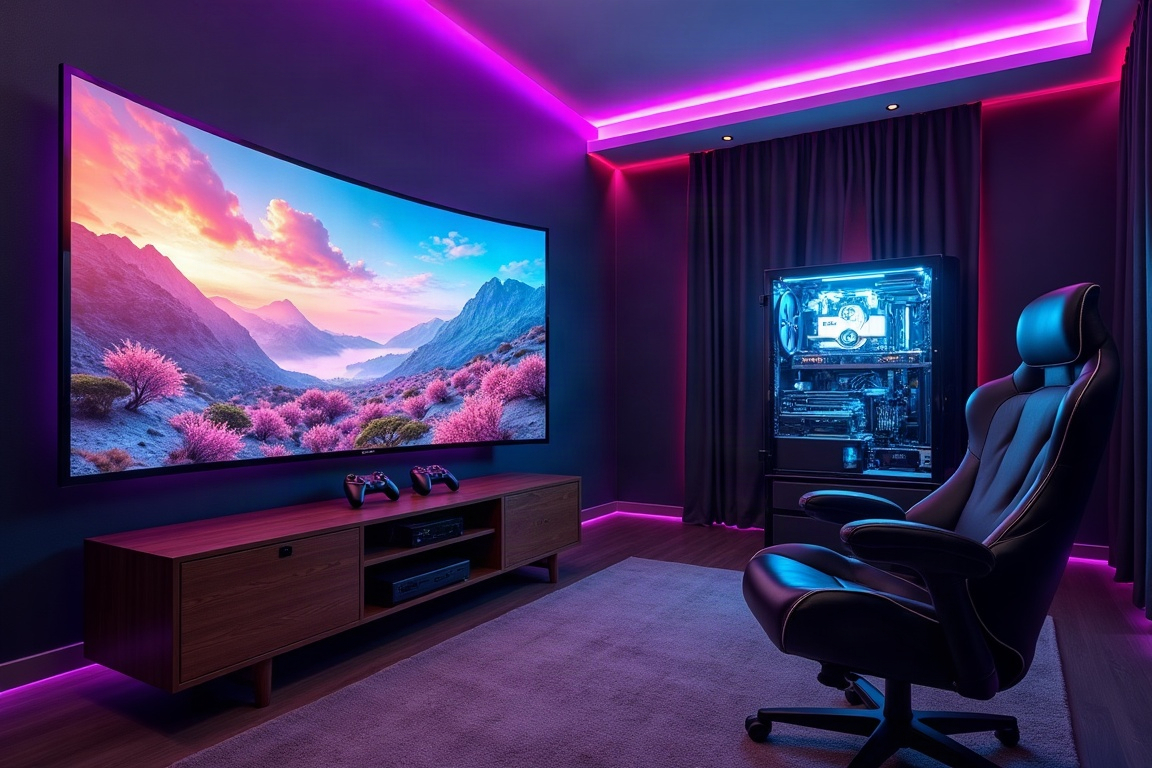 Salle de jeu avec écran OLED incurvé et éclairage LED violet
