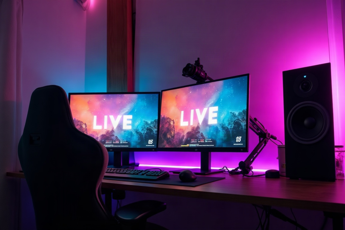 Poste de streaming avec micro sur bras, caméra et éclairage LED